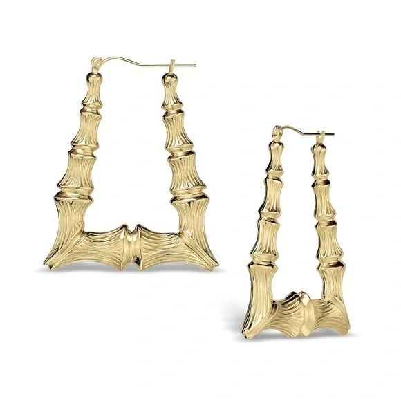 10K Real Yellow Gold Door Knocker Bamboo Hoop Hollow Earrings - Picture 2 of 3
